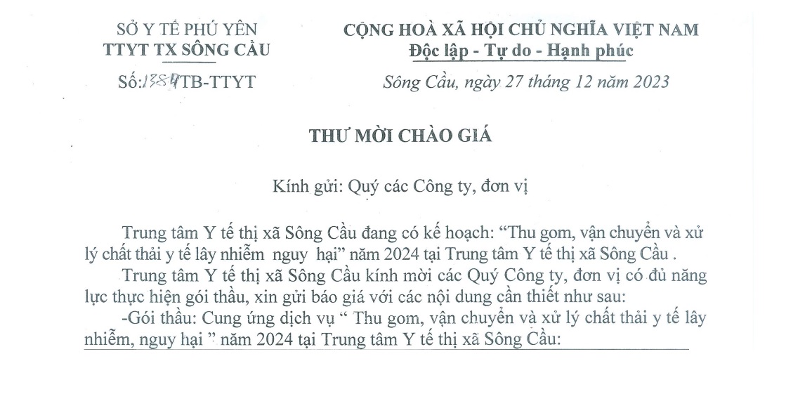 YCBG: Cung ứng dịch vụ Thu gom, vận chuyển và xử lý chất thải y tế lây nhiễm, nguy hại, năm 2024